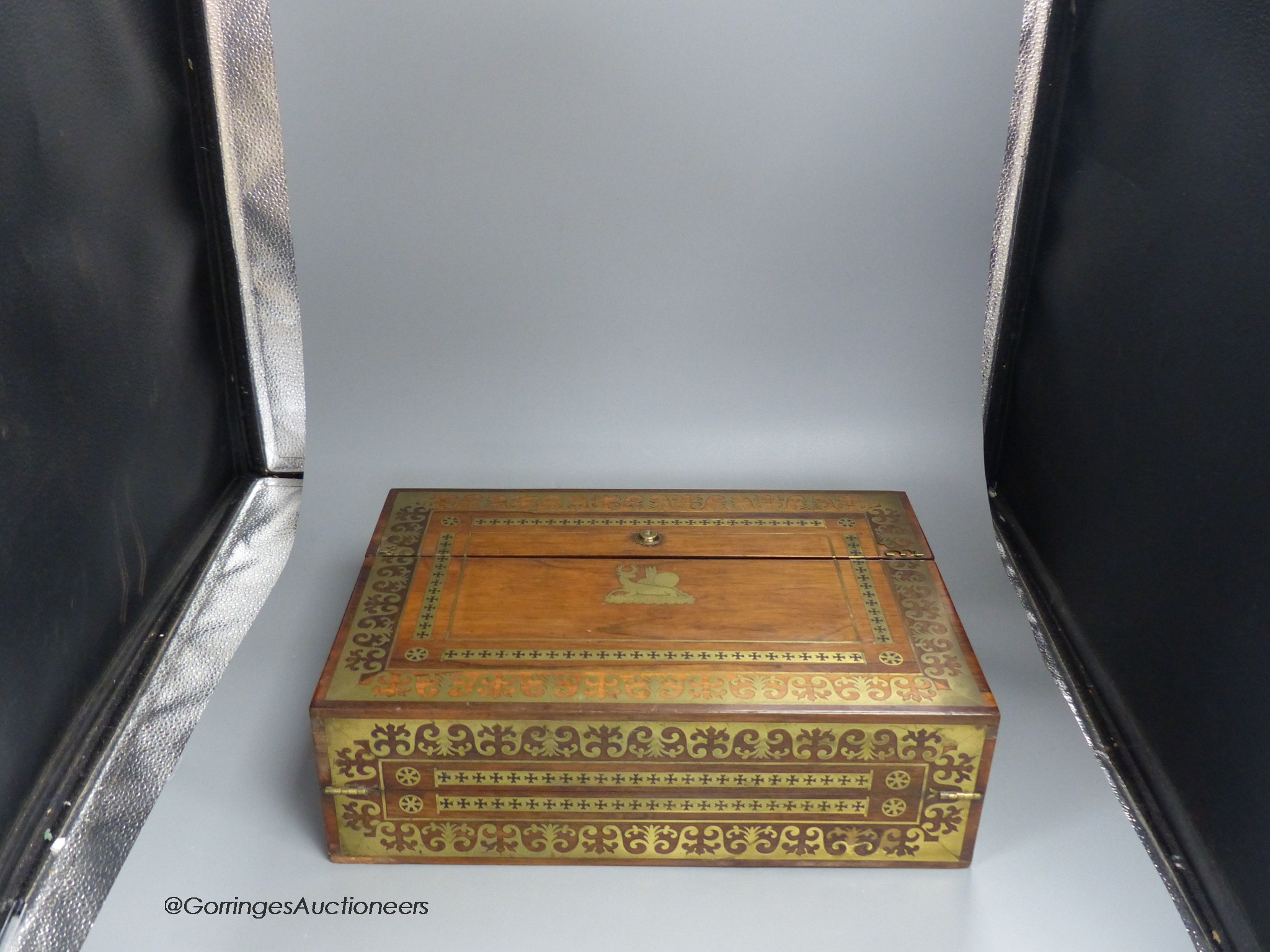 A George IV cut brass and rosewood writing slope, 40cm wide, depth 28cm, height 12cm